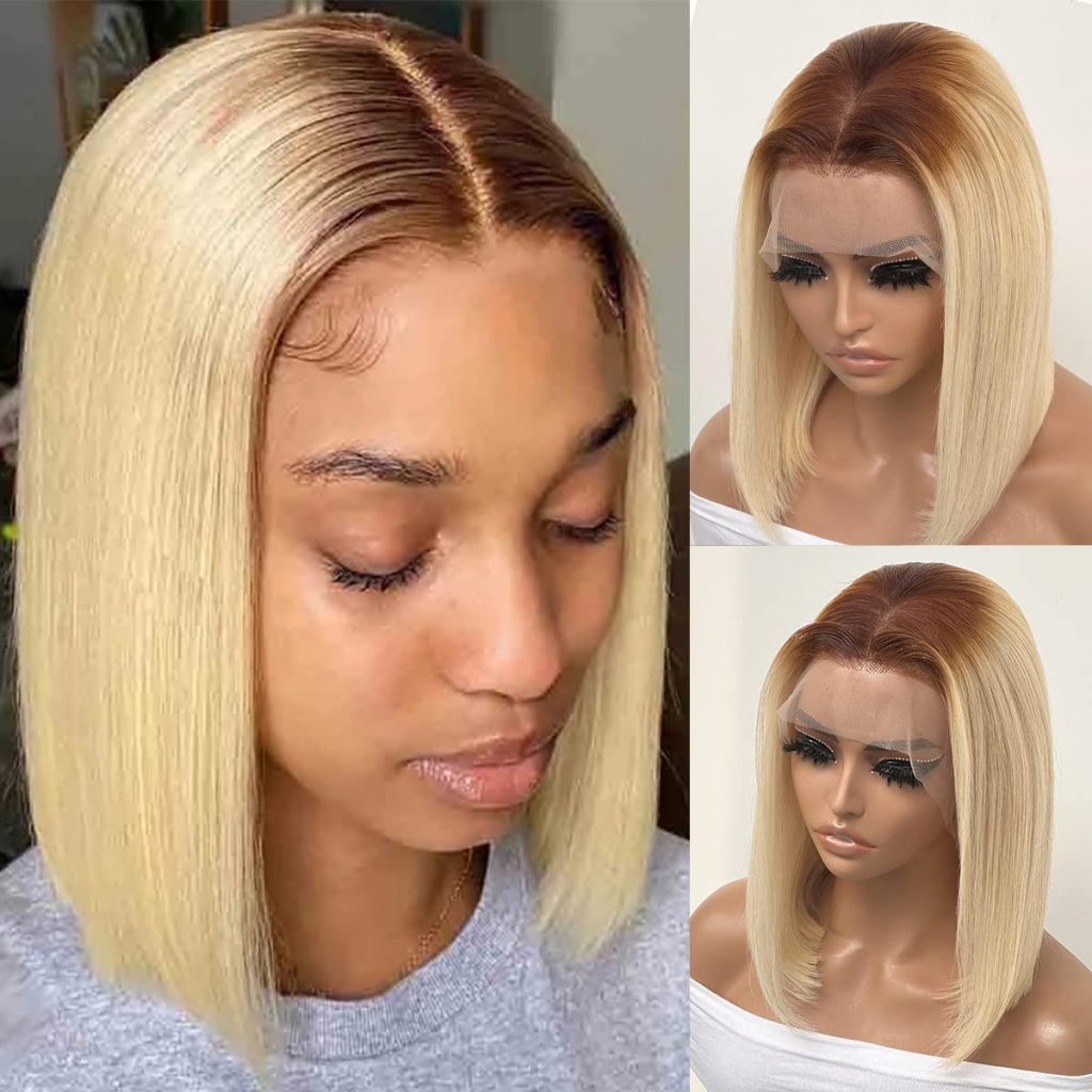 #4/613 Blonde With Dark Brown Roots Ombre Lace Closure Bob Wigs Sale ...